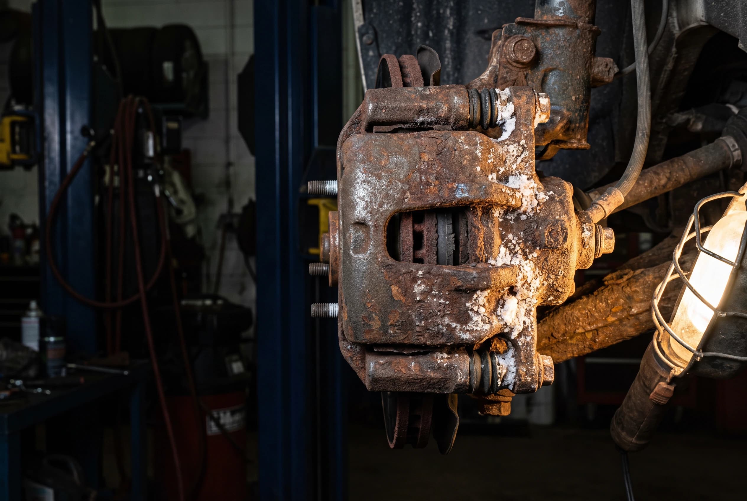 Rusty brake caliper on the hub with the wheel removed, lit by a single shop work lamp