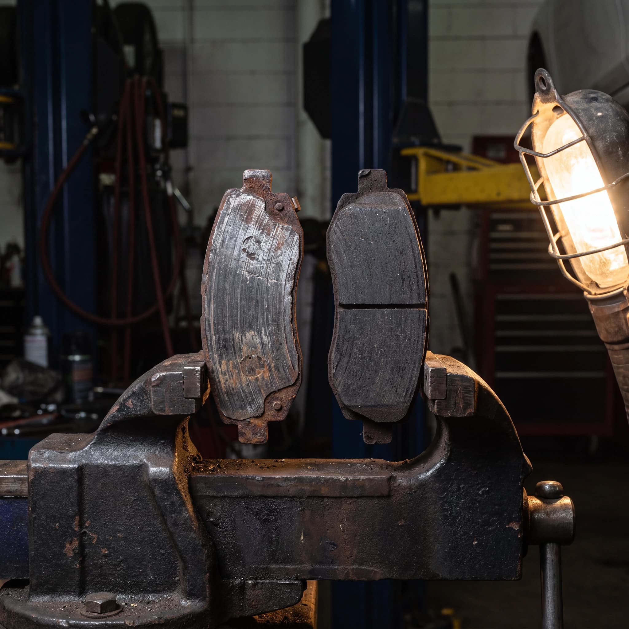 Two brake pads from one caliper, one worn to the backing plate and one nearly new