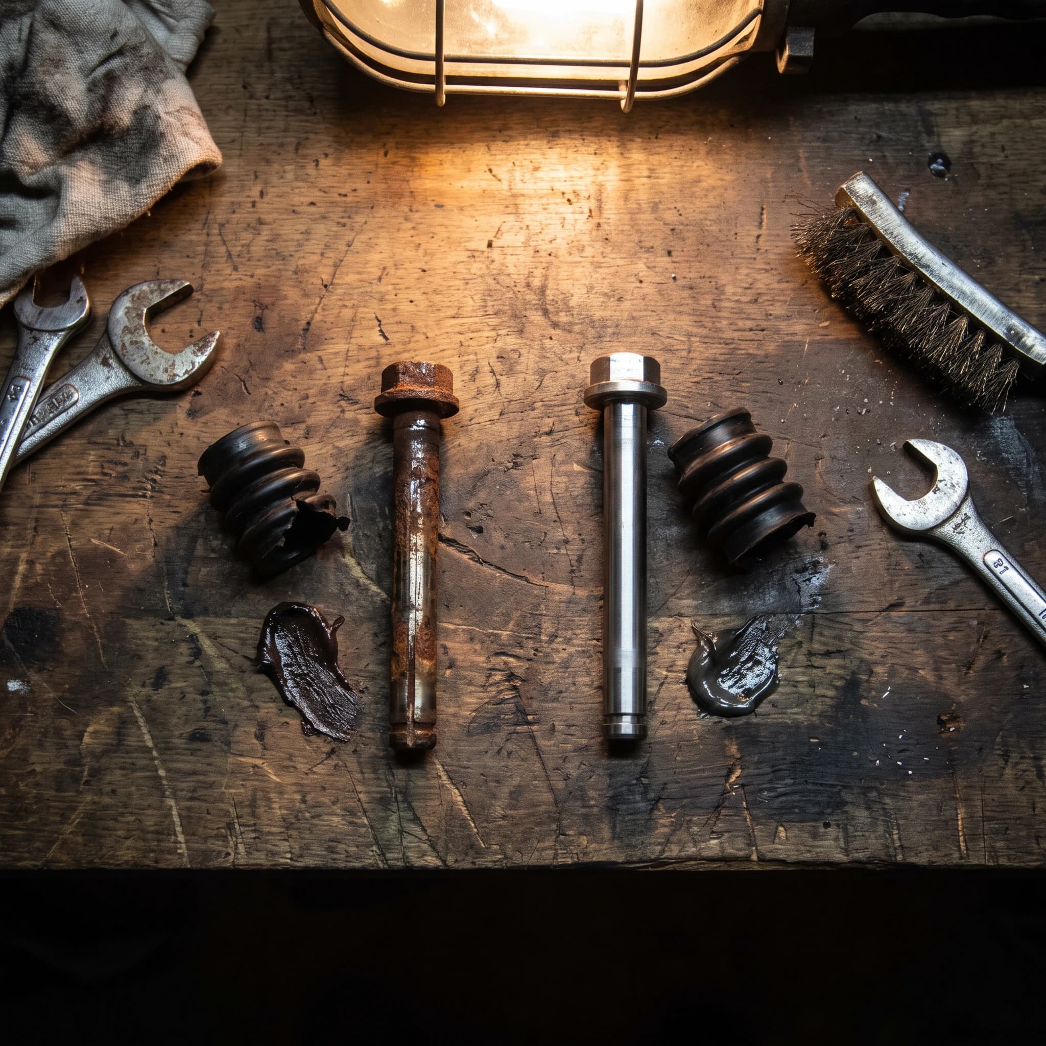 A rust-pitted brake caliper slide pin next to a cleaned one and their rubber boots on a workbench