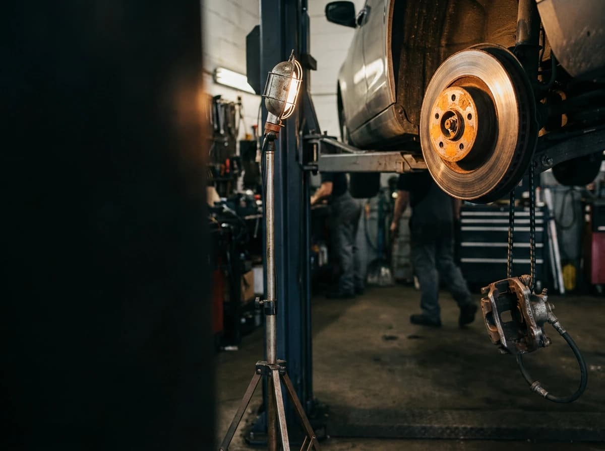 Worn brake rotor and hub on a vehicle raised on a shop lift