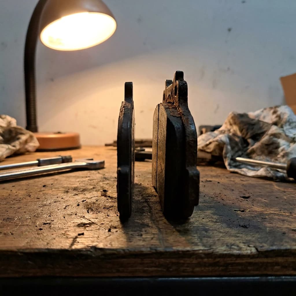Two removed brake pads on a workbench showing uneven wear