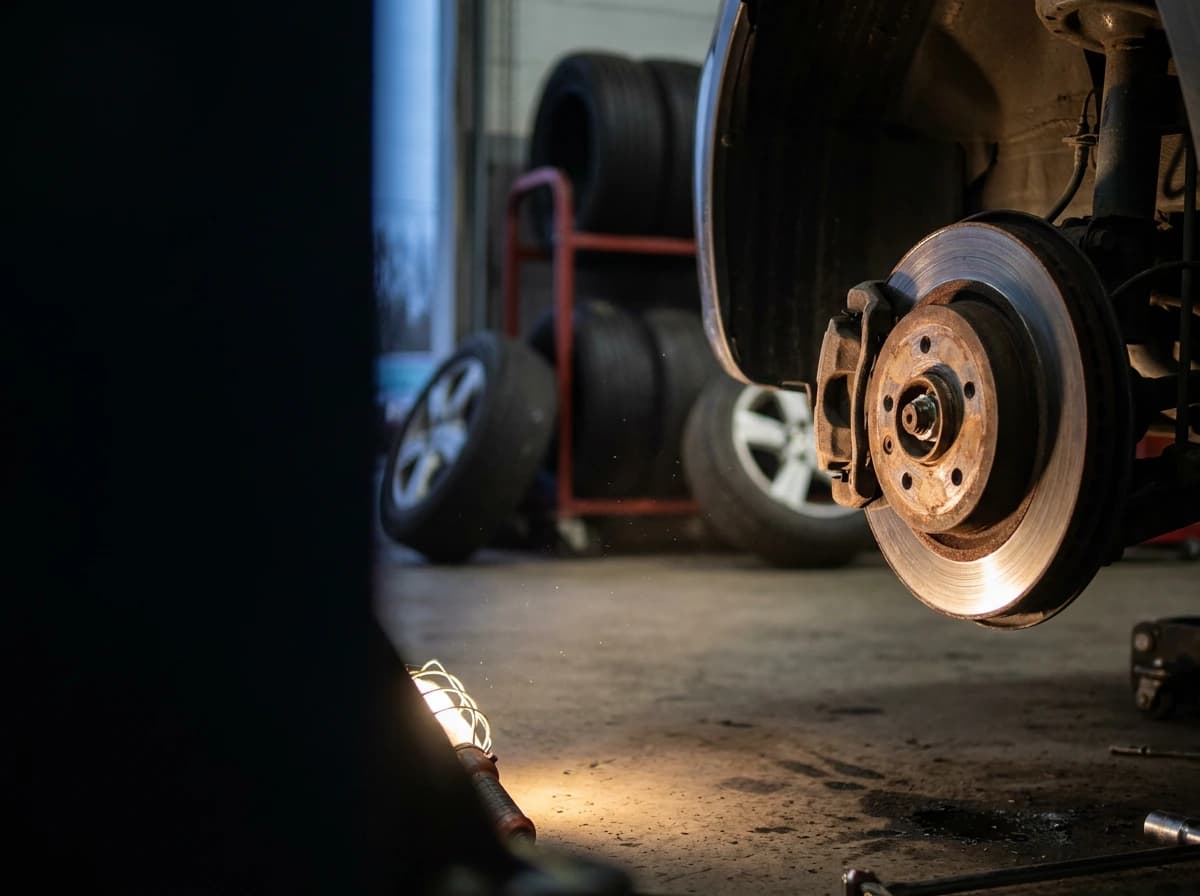 Worn brake rotor on the hub with the wheel removed, surface rust and a groove near the outer edge