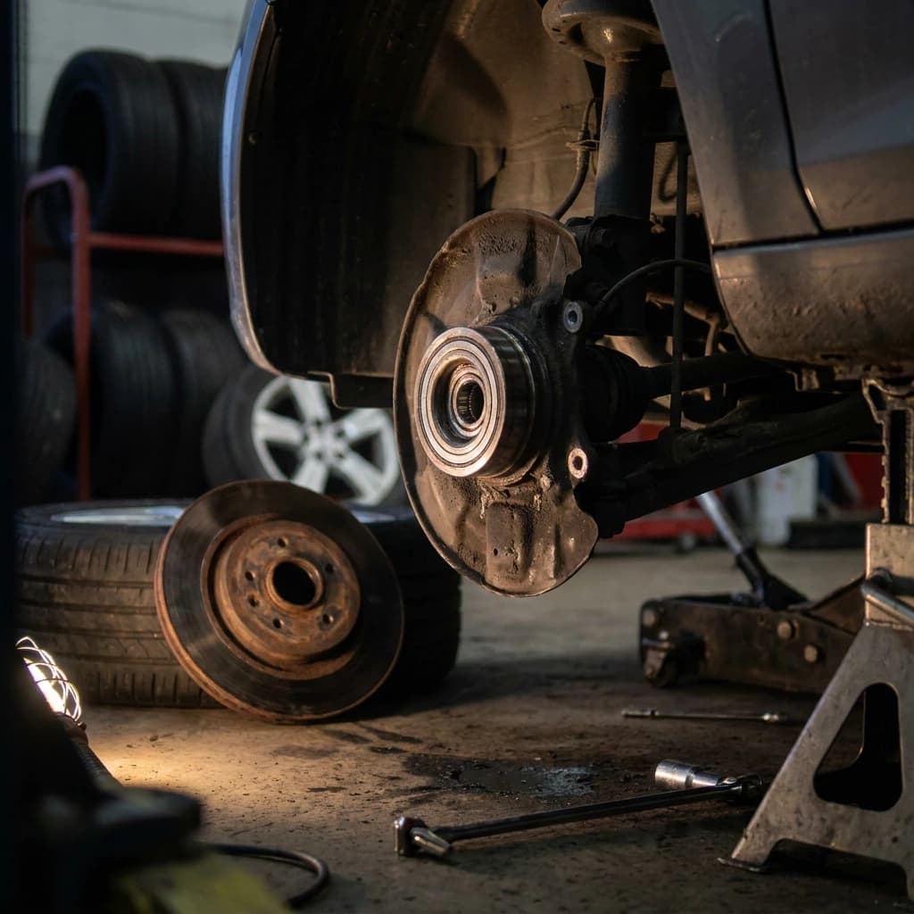 Exposed wheel hub and bearing with the brake rotor removed and resting against the tire