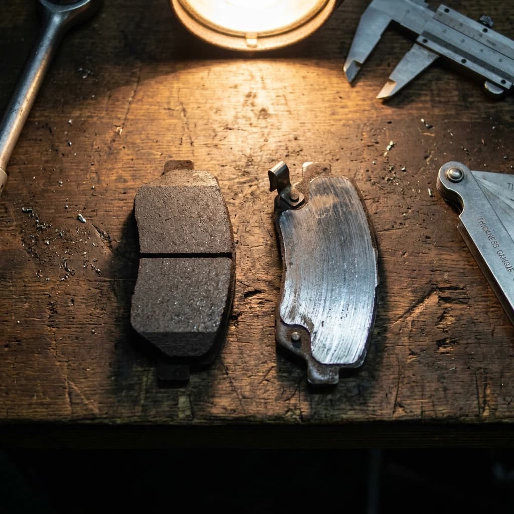 A nearly new brake pad next to one worn down to its steel backing plate on a workbench