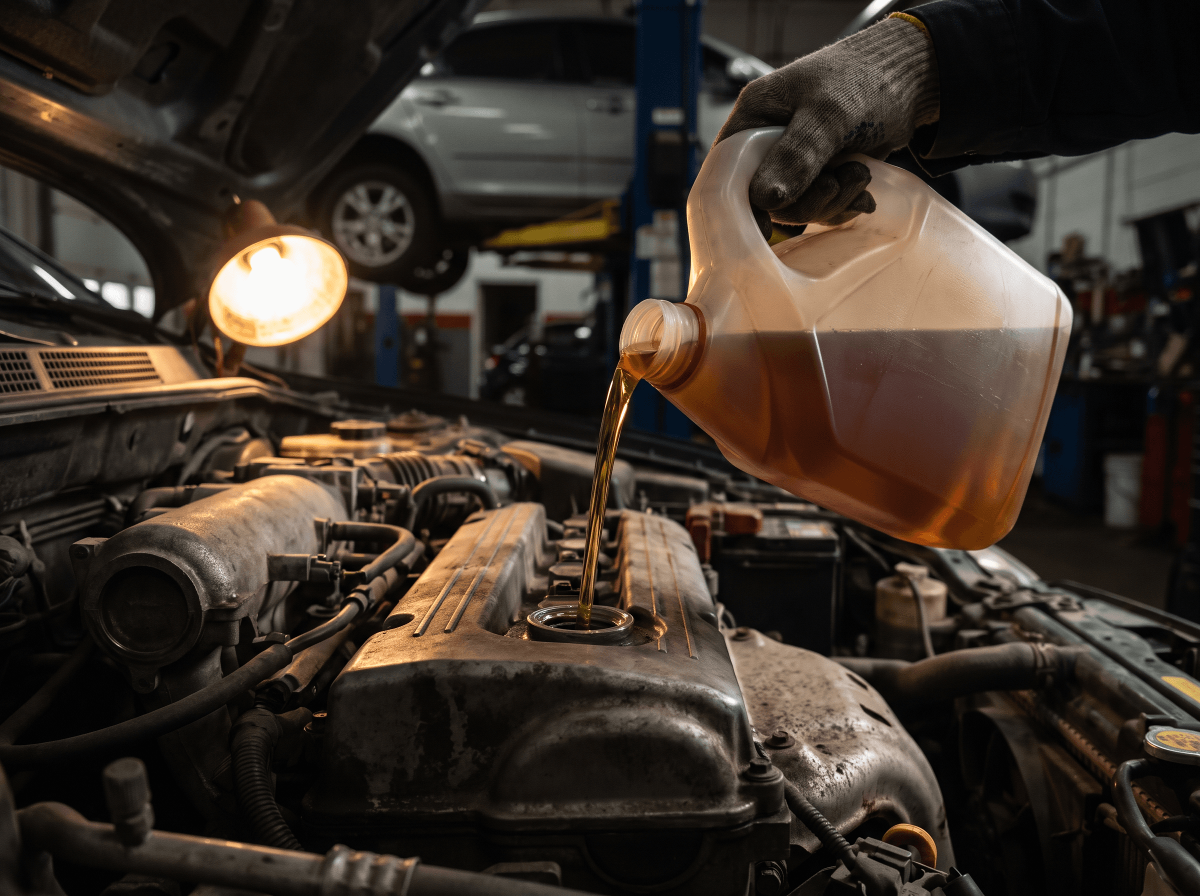 Fresh oil being poured into an engine filler neck in a repair bay