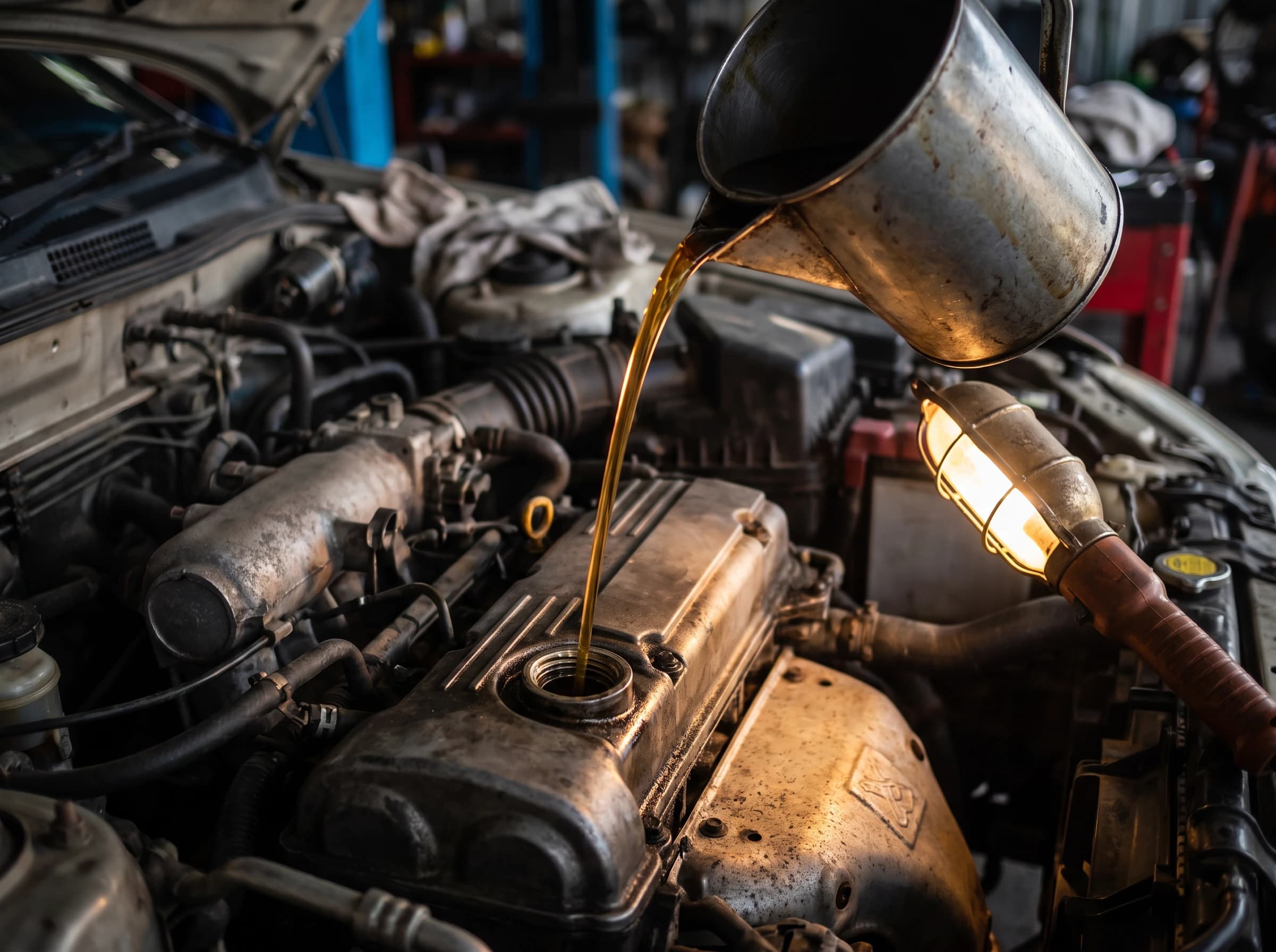 Fresh engine oil being poured into the filler neck of a car engine in a shop bay