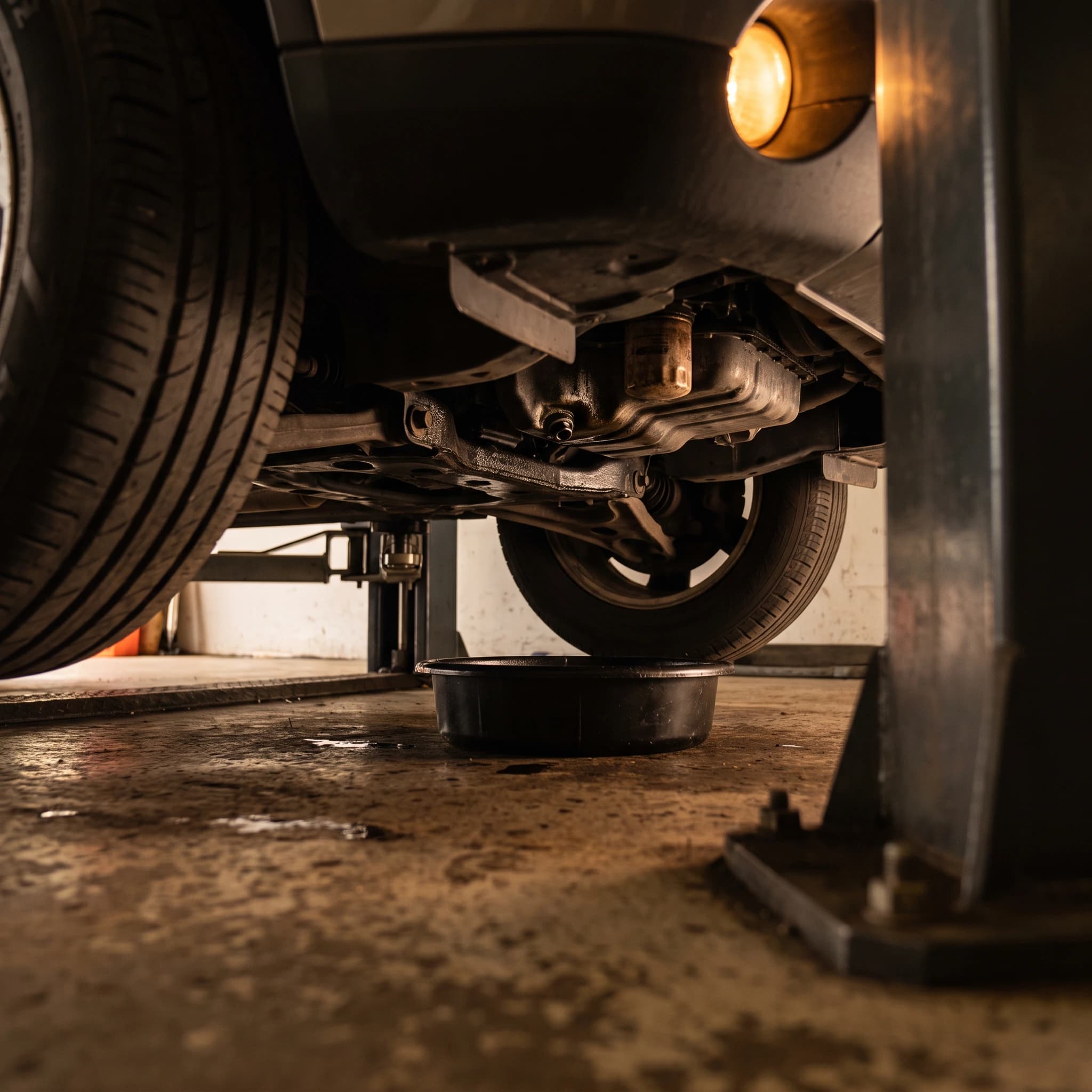 Underside of a car on a shop lift showing the oil pan, drain plug and filter during an oil change