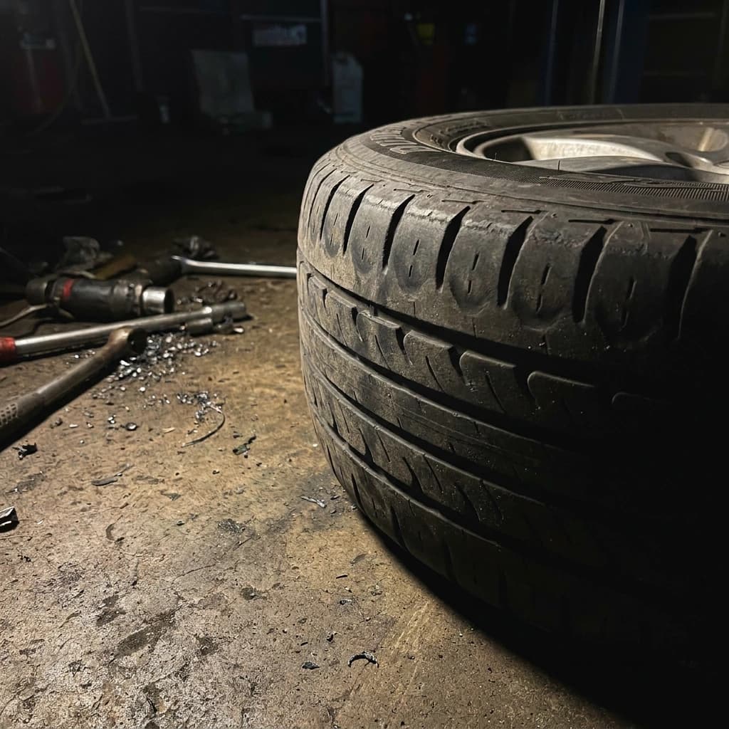 Close-up of cupped, scalloped tread wear on a tire lying on a shop floor