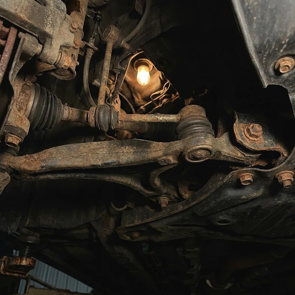 Underside view of a front control arm, ball joint and sway bar link on a vehicle on a lift