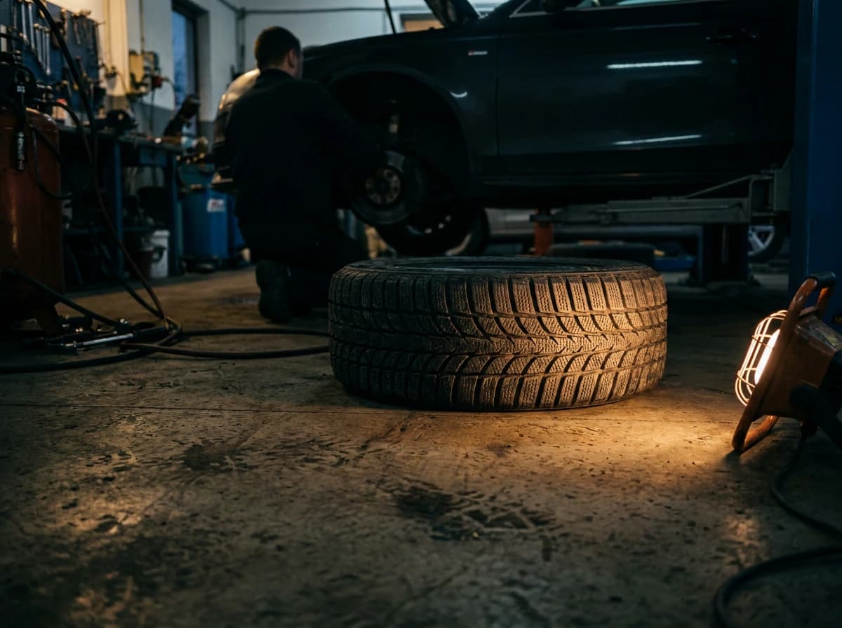 Winter tire standing on shop floor beside a car on a lift, tread lit from one side