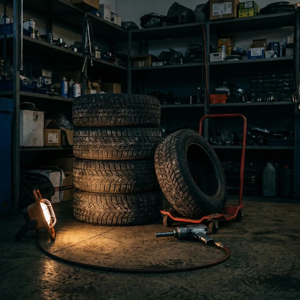 Stack of four winter tires in the corner of a garage with a wheel dolly beside them