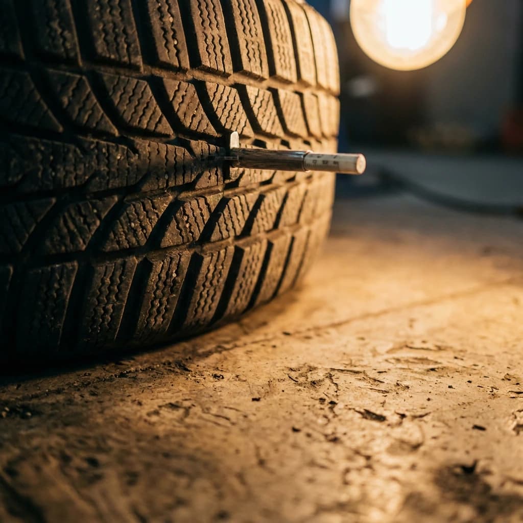 Close-up of winter tire tread blocks and siping with a depth gauge in the groove